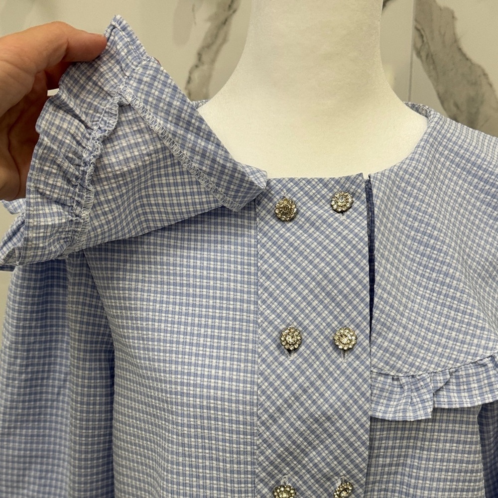 J.ING Light Blue Gingham Ruffle Collar Blouse - Picture 4 of 9